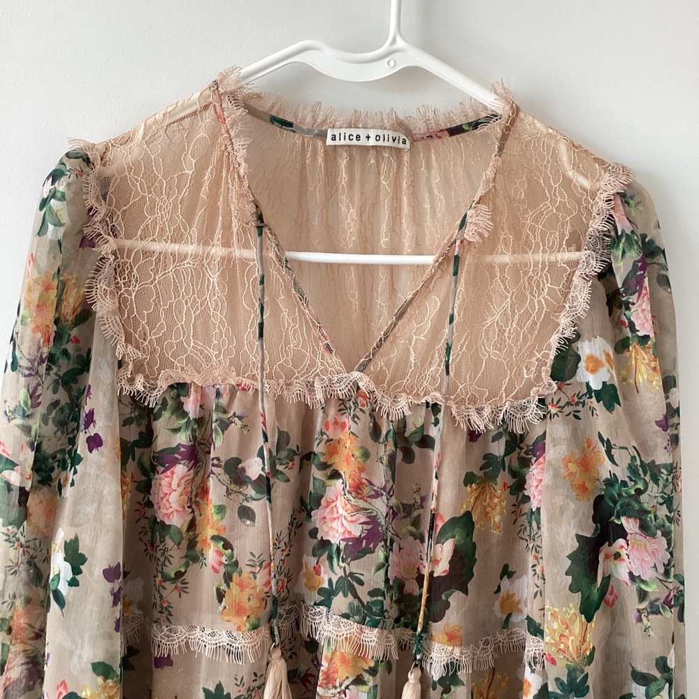 Alice + Olivia Floral Lace Boho Dress M Sheer Long Sleeve Tiered Tassel Mini - Picture 4 of 11